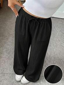 SHEIN Teen Girls Casual Vacation Black Woven Textured Bow Decor Loose Wide Leg Long Pants - Black - View 3