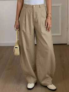 Livesso Plus Size Loose Solid Color Harem Pocket Pants For Women, Spring/Summer Casual - Khaki - View 9