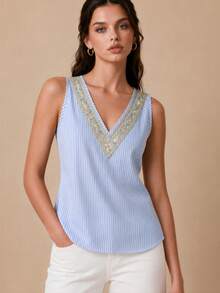 Selenza Summer V-Neck Loose Floral Trim Striped Women's Camisole - Blue and White - View 3