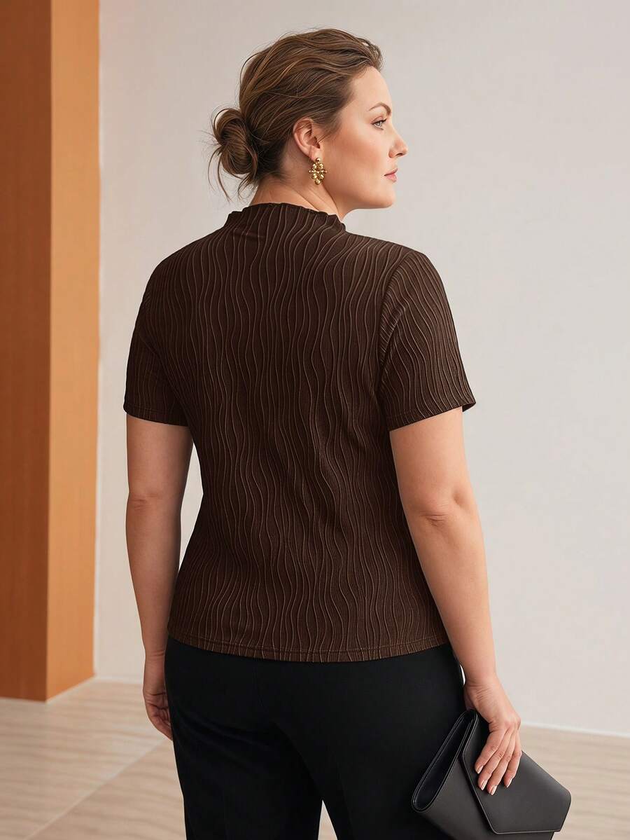 MOTF PREMIUM PLUS SIZE WOMEN'S SPRING/SUMMER WAVY TEXTURED KNIT STAND COLLAR SHORT SLEEVE T-SHIRT - Brown - View 2