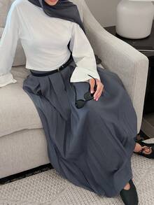 Solavon Women's Solid Color Elegant Commuter Pleated Skirt - Grey - View 4