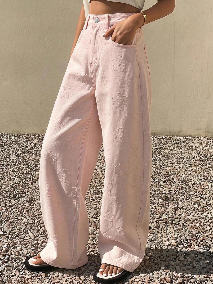 DAZY 女款標準腰線縫線細節寬鬆香蕉腿長褲休閒牛仔褲 - 粉色 - 查看 1