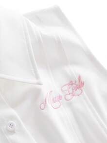 Mean Girls | ROMWE Y2K Preppy Casual Sleeveless Embroidered Waist-Cinching Shirt Plaid Tie Women's Blouse School Pink And White Summer - White - View 3