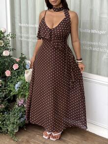 GalTyme Plus Size Women's Polka Dot Patchwork Ruffle Hem Fashion Cami Dress - Brown - View 6