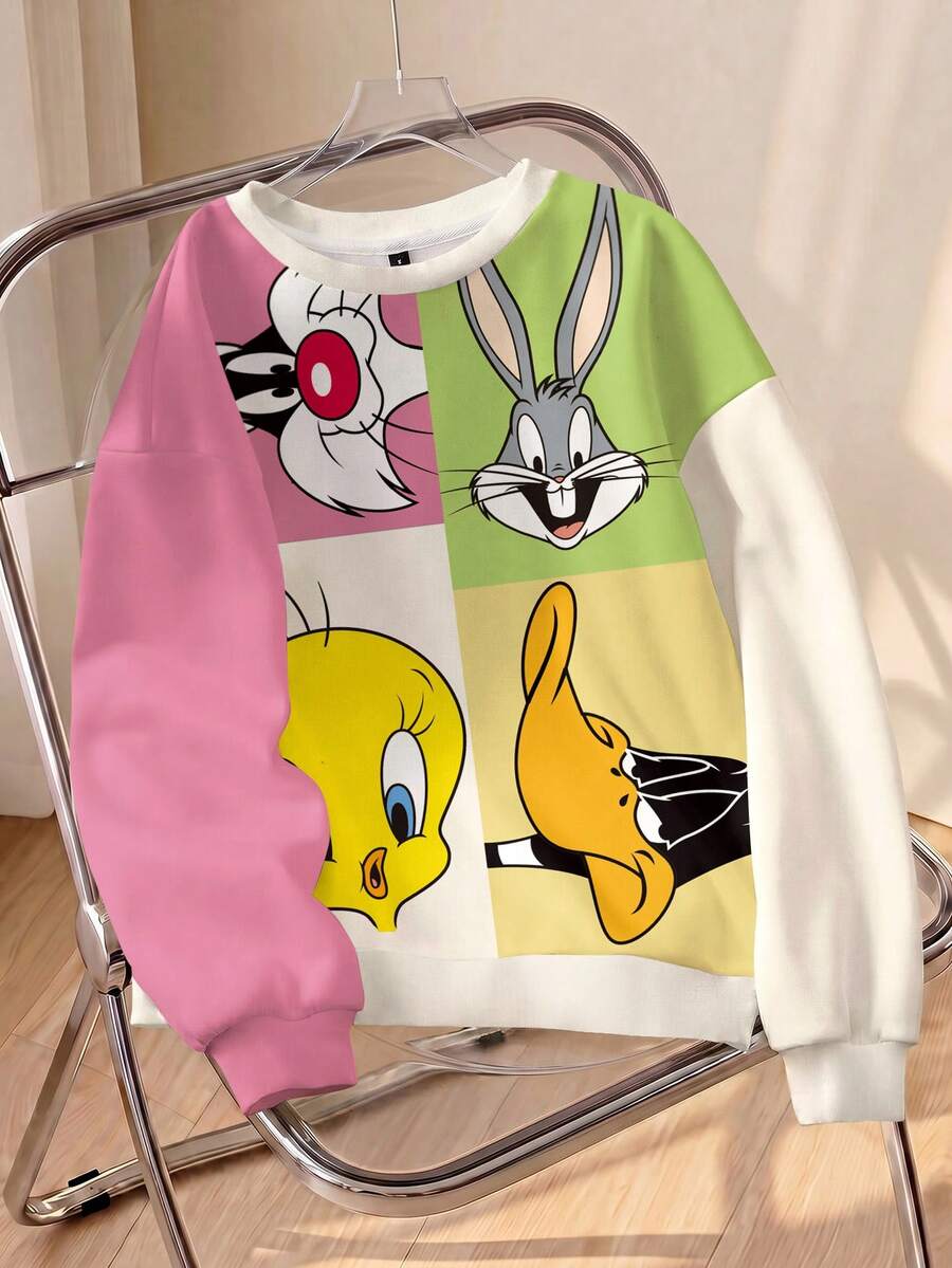 LOONEY TUNES X SHEIN Women's Colorblock Patchwork Cartoon Print Sweatshirt - White - View 1