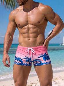Naviga Onda Spring Summer Men's Gradient Pink Tropical Coconut Tree Beach Vacation Swim Vacation Square Swim Trunks Casual Tropical Tropical Holiday Pool Party - Multicolor - View 5