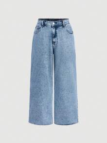 Jeanoix Women's Plus Size Casual Wide Leg Loose Fit Jeans Pocket Embroidery - Medium Wash - View 8