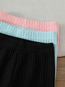 SHEIN Vintaside Kids 3件組女嬰休閒褲 秋季休假夏季褲 簡約甜美直筒款 - 藍色 - 查看 5