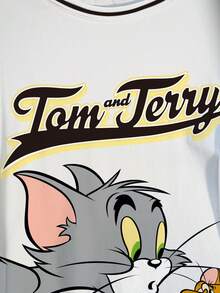 TOM & JERRY X SHEIN 大尺碼女款字母卡通印花圓領短袖休閒T恤 - 白色 - 查看 4