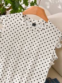 Story & Sage Casual Vacation Women's T-Shirt Spring Summer Fitted Polka Dot T-Shirt Ruffle Sleeve T-Shirt Black And White T-Shirt Elegant Office Business White Top - Black and White - View 6