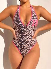 Swim SXY New Sexy One-Piece Swimsuit For Women With Color-Blocking Leopard Print Beach Vacation Pink Leopard Print Summer - Multicolor - View 1