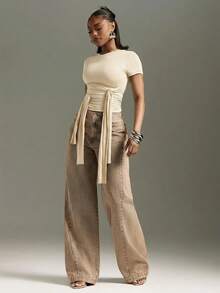 Denimoi Front Drape Tie Detail Top Concert Outfits Fashionable Streetwear It Girl - Apricot - View 4