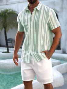 VENTUSAIL Men's Casual Button-Down Short Sleeve Shirt, Summer, Holiday - Green - View 5