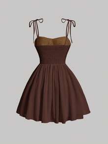 SHEIN MOD Solid Ruched Bust Cami Flared Dress,Sun Dress - Brown - View 2