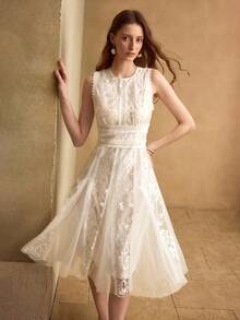MOTF PREMIUM VESTIDO MIDI SIN MANGAS CON ENCAJE BORDADO, PATCHWORK Y VOLANTES PARA MUJER, PRIMAVERA/VERANO, ELEGANTE PARA CITA - Blanco - Ver 5