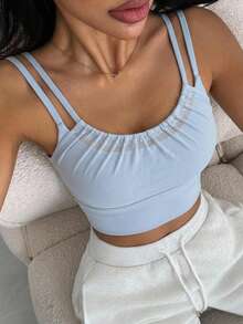 DAZY Mesh Patchwork Ruched Double Strap Padded Solid Color Slight Push-Up Sports Bra For Women - Baby Blue - View 1