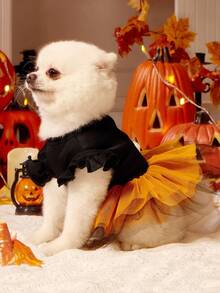 1pc Cat & Dog Universal Cartoon Expression Print Orange Fluffy Tulle Dress, Lovely Halloween Pet Dress, For Halloween Party, PETSIN Original Design - Multicolor - View 5