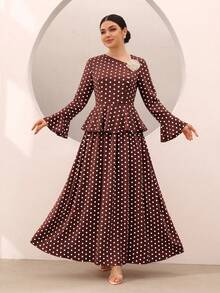 Graceveil Women's Polka Dot 3D Floral Decor Top And Skirt Casual Daily Outfit Set - Brown - View 1