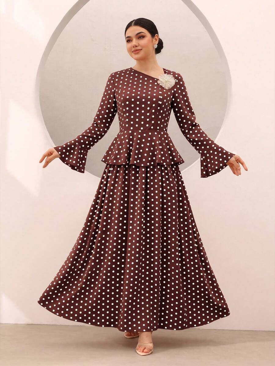 Graceveil Women's Polka Dot 3D Floral Decor Top And Skirt Casual Daily Outfit Set - Brown - View 1
