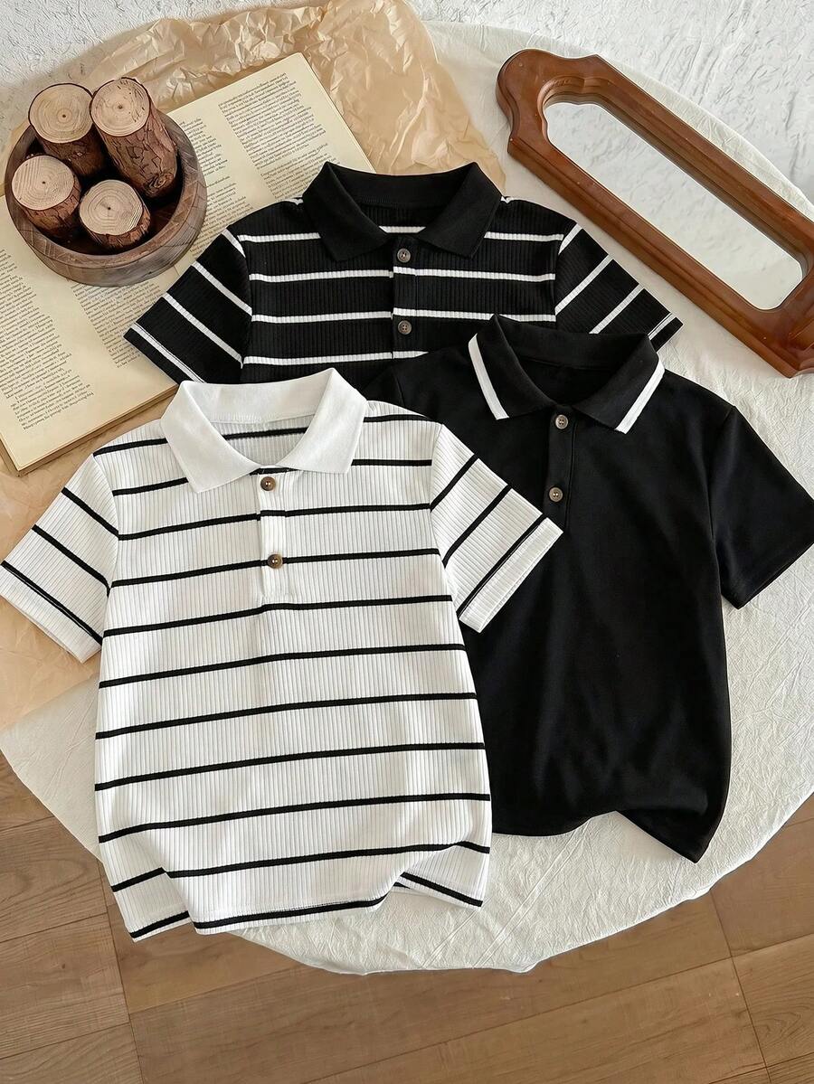 SHEIN 兒童小男孩休閒 3 件套短袖 Polo 衫套裝 - 黑與白 - 查看 1