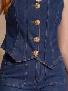 MOTF PREMIUM WOMEN'S PLUS SIZE FRONT BUTTON SLEEVELESS DENIM VEST AND FLARE LEG JEANS SET - Blue - View 3