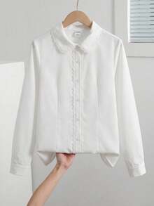 Teen Girl Casual Everyday Versatile Comfortable Collared Ruffle Trim Blouse Fall/Winter Outfits - White - View 2