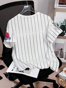 TOM & JERRY X SHEIN Women's Striped Cartoon Print Crew Neck Short Sleeve Casual T-Shirt - White - View 2