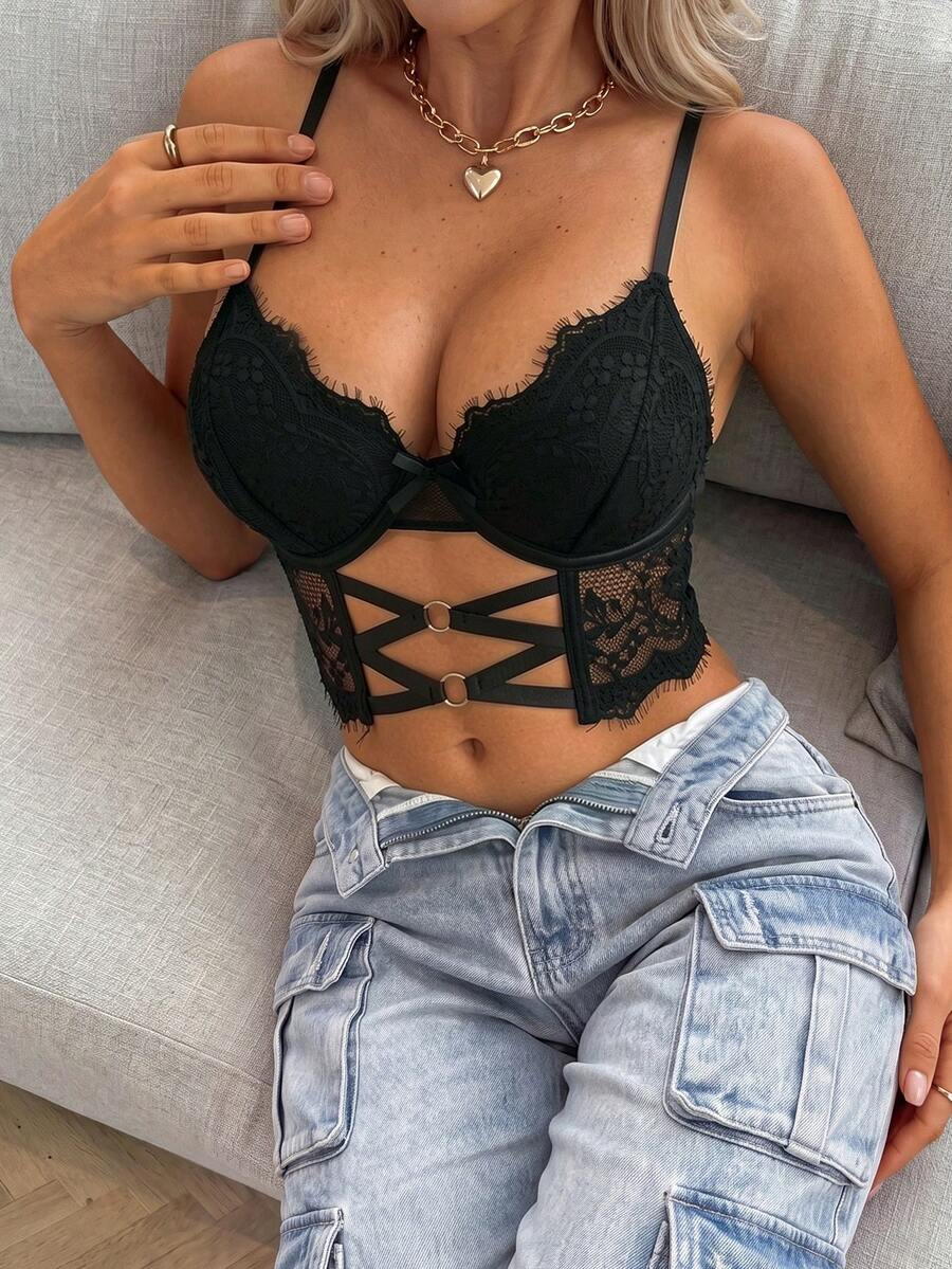 SuitURBody Floral Lace Cut Out Underwire Bra Lingerie - Black - View 1