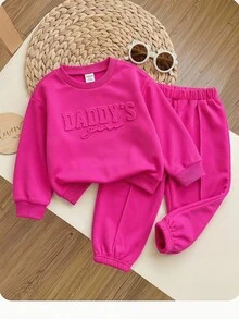SHEIN 女嬰針織純色圓領休閒衛衣與長褲秋冬兩件套 - 玫紅色 - 查看 3