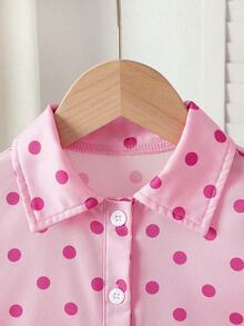 SHEIN Vintaside Kids 女童粉色波點翻領七分袖上衣，背後大蝴蝶結設計，長袖鈕扣開襟，秋季度假上衣 - 粉色 - 查看 8