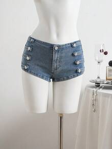 Elamini Women's Summer Fashion Napoleon Style Button Washed Denim Shorts - Medium Wash - View 3