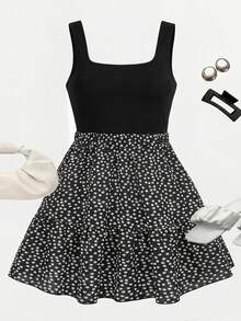 SHEIN 少女黑色碎花针织拼接A字休闲度假连衣裙 - 黑色 - 查看 2