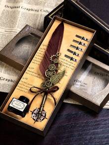 1 Set Jubaboz Calligraphy Brush Pen With Stamp And Sealing Wax, Feather Pen, Ink, Vintage Writing Ink Dip Pen With Mechanical Gear Back To School - multicolor - View 10