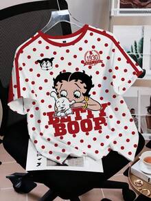 Betty Boop x SHEIN Women's Polka Dot Cartoon Print Short Sleeve T-Shirt - White - View 3