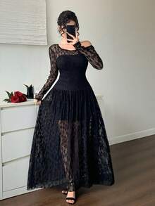 DAZY Herbst Quadratischer Ausschnitt Laternenärmel Langarm Spitze Transparenter Stoff Tailliert A-Linien Rock Schwarz Elegantes Damen Midikleid - Schwarz - Übersicht 8
