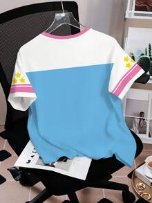THE POWERPUFF GIRLS X SHEIN 女款夏季休閒拼色拼接卡通印花T恤 - 白色 - 查看 2