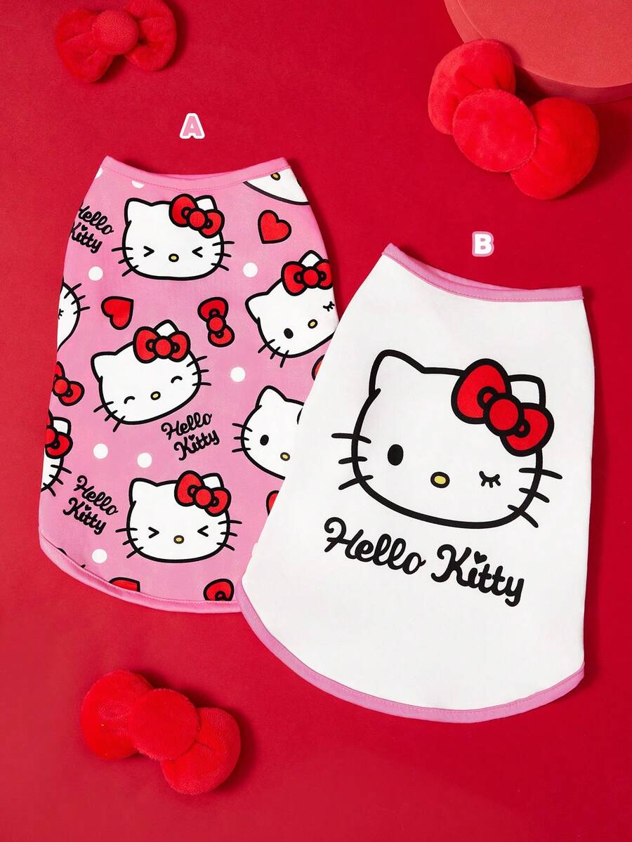 HELLO KITTY AND FRIENDS | SHEIN 可愛蝴蝶結貓咪圖案寵物透氣背心,四季適用,2款設計可選,XXS-XXXXXL尺寸,單件與組合包可選,適合貓狗日常穿著 - 淡粉 - 查看 1