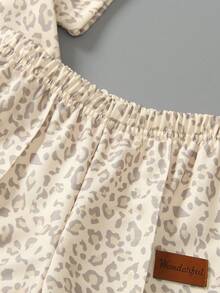 Elladie kids 女童休閒寬鬆落肩棕色印花中袖運動衫與運動長褲兩件套返校穿搭，適合夏季 - 杏色 - 查看 7
