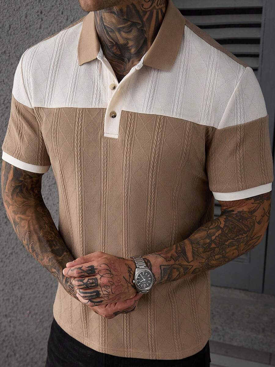 Manfinity CasualCool 男士時尚休閒通勤短袖 Polo 衫,男士針織提花上衣,男士圖案短袖 Polo 衫,男士拼接 Polo 衫,復古風格,老錢風,適合日常休閒、週末旅行、戶外活動、探險旅行、輕鬆工作環境或半正式場合,可用作男友/丈夫禮物、週年/生日禮物、派對、夏季假期、海灘穿著、夏威夷婚禮和春夏穿著 - 卡其色 - 查看 1