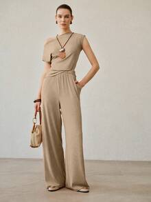 MOTF PREMIUM WOMEN'S CASUAL PLEATED ASYMMETRIC NECKLINE KNIT 2 PIECES SET - Brown - View 5