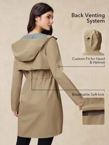 OutZeal Women Water-Resistant 3-Layer Tech Fabric Drawstring Waist Hood Long Outdoor Shell Jacket Winter Fall Camping Hiking - Khaki - View 3