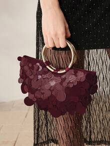MOTF WOMEN'S FASHION BURGUNDY SEQUINED HANDBAG, ROUND HANDLE, EXQUISITE SHINY SIMPLE SEMI-ROUND BAG, SUITABLE FOR DATING AND PARTIES, SUMMER VACATION, TRAVEL, SEASIDE, BEACH, BOHEMIAN, MATCHING - Burgundy - View 6