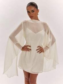 SHEIN BAE Vestido mini de mujer primavera/verano color albaricoque blanco, manga larga, cuello semi-alto, espalda descubierta, corte A, de gasa, minimalista, vestido blanco, vestido elegante, vestido sencillo para uso diario, vestido de vacaciones - Albaricoque - Ver 6