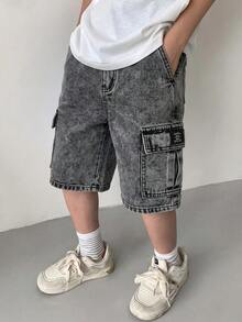 SHEIN Little Byeori 兒童青少年男孩休閒水洗工裝牛仔短褲 - 淺色水洗藍 - 查看 4