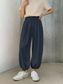DAZY Women'S Loose Solid-Colored Lantern Pants, Casual Cropped Pants For Summer - Navy Blue - View 7