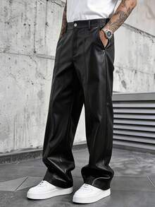 SLATEMANN Men's Black PU Leather Straight Leg Casual Fashion Versatile Pants - Black - View 4