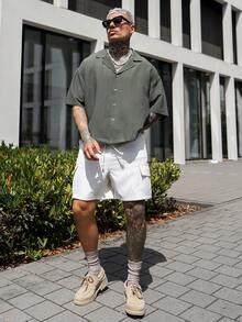 Artur Kramer 男士綠色飛梭布寬鬆前短後長的盒狀大尺寸襯衫 - 軍綠色 - 查看 3