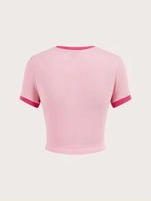 Sweetina PINK 女款休閒極簡唇印圖案撞色領口與袖口修身短袖短版 T-shirt，夏季套頭上衣 - 粉色 - 查看 2