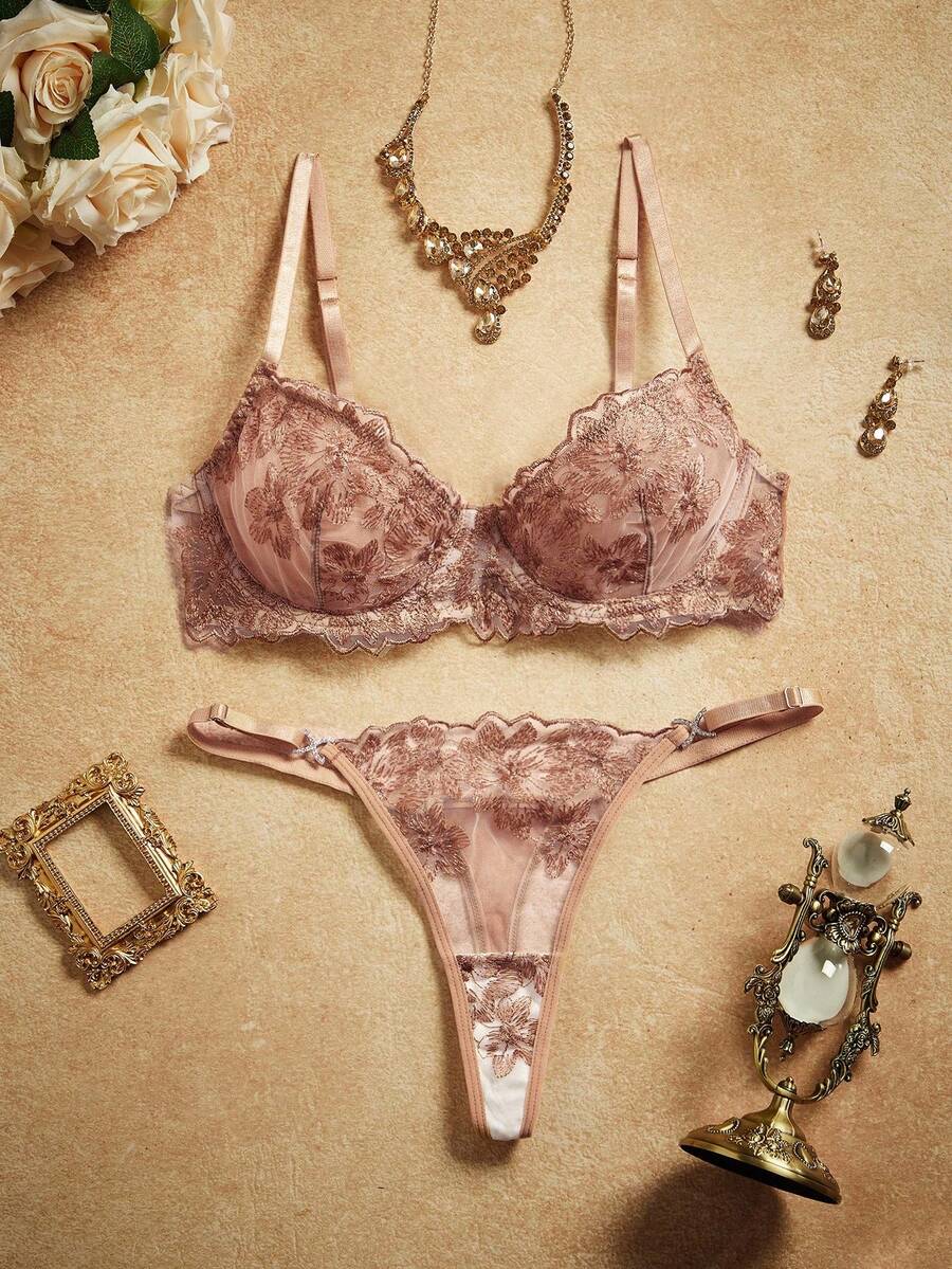 SHEIN 2pcs Women Retro Blue Sexy Lingerie Set - Champagne - View 1