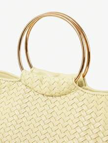 Maija Ladies Fashionable Elegant Simple Classic Versatile Light Yellow Woven Embossed Faux Leather Metal Hand Bag, Daily Commuting Shopping Afternoon Tea - Light yellow. - View 5